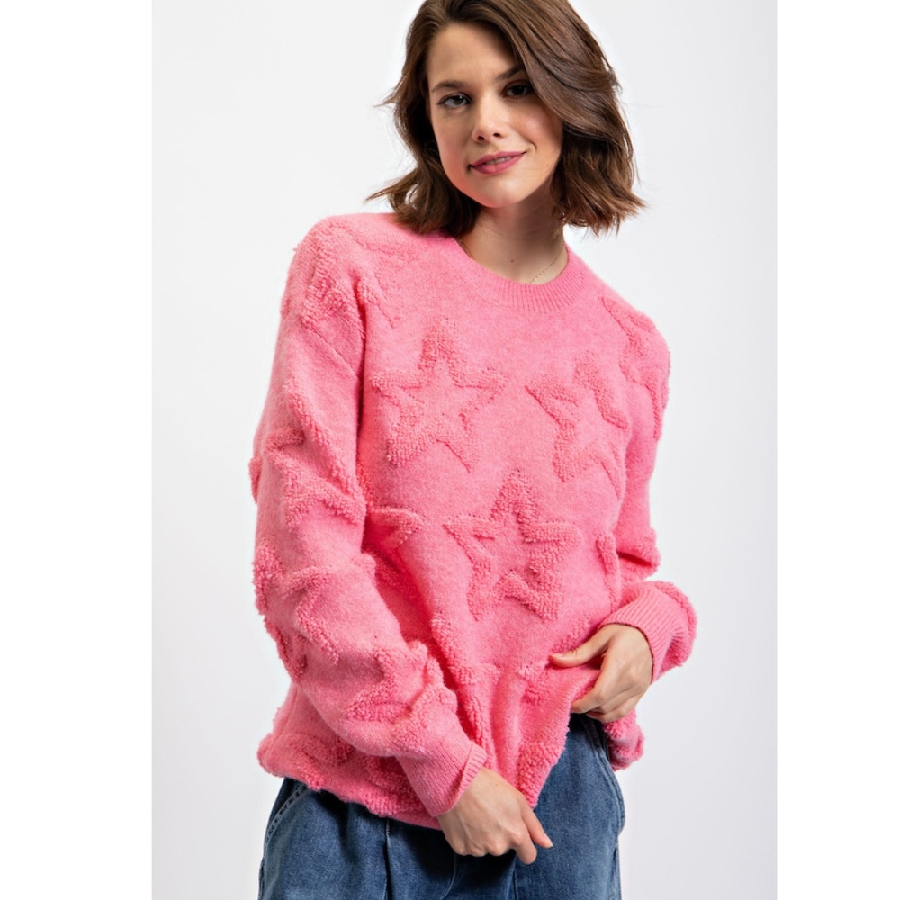 Easel Pink Star Pattern Crew Neck Sweater